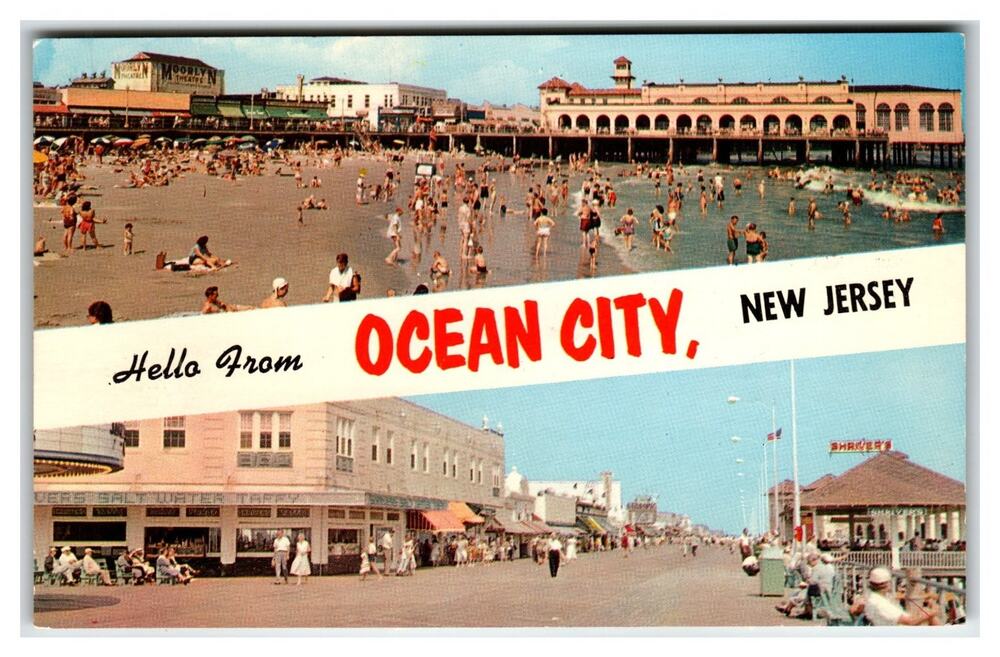 Hello From Ocean City New Jersey Beach Boardwalk Plastichrome Postcard